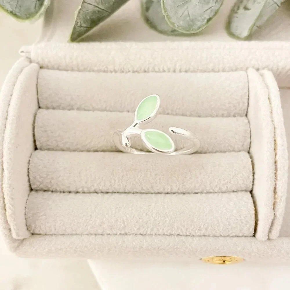 925 Sterling Silver Dainty Leaf Ring Twig Ring Branch Ring Green Stone Ring